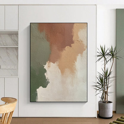 Contemporary abstract artwork featuring an irregular blend of beige, brown, and green on an off-white wall, perfect for modern decor. DLZ1197