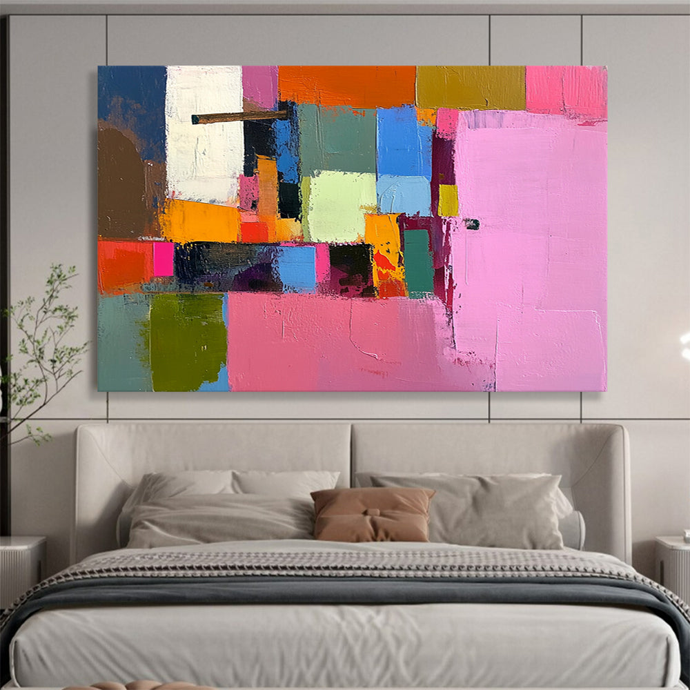 “Colorful Cubes” - Pink, Orange, Blue, Green, Abstract Cubist Blocks Painting On Canvas HB1058