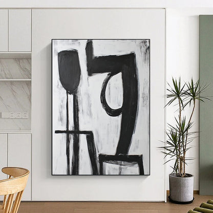 Contemporary hand-painted abstract artwork featuring bold black "9" strokes with a large 'A' shape in front on a pure white background. DLZ1540