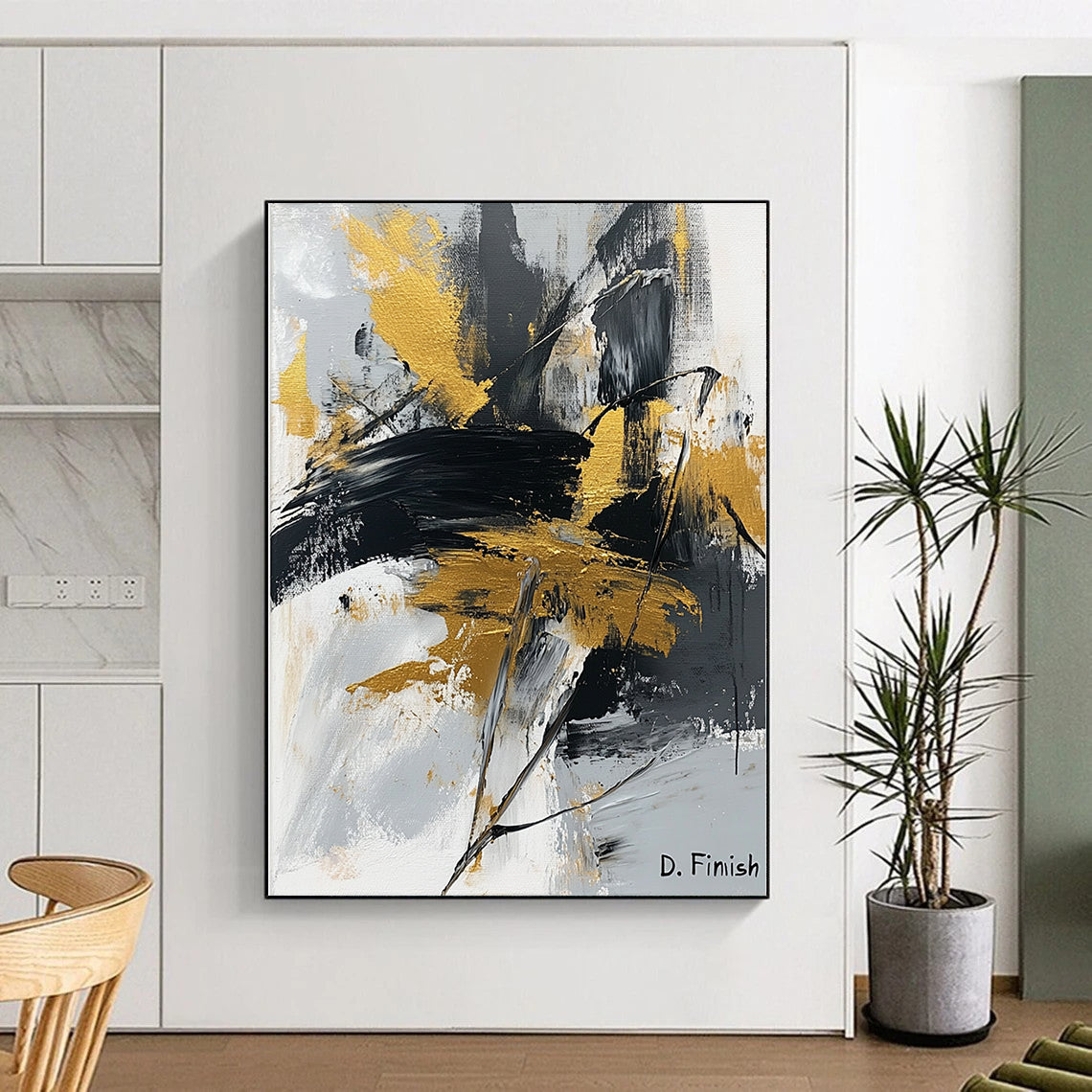 Contemporary abstract artwork featuring bold black white and gold brush strokes and palette knife technique with signature D Finish. DLZ1557