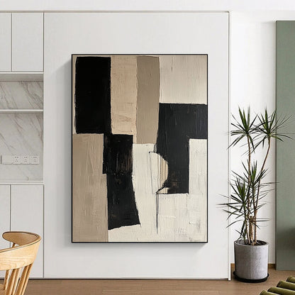 Contemporary abstract artwork featuring black and beige color blocks on a white background with organic shapes in mixed media and fragmented canvas. DLZ0688