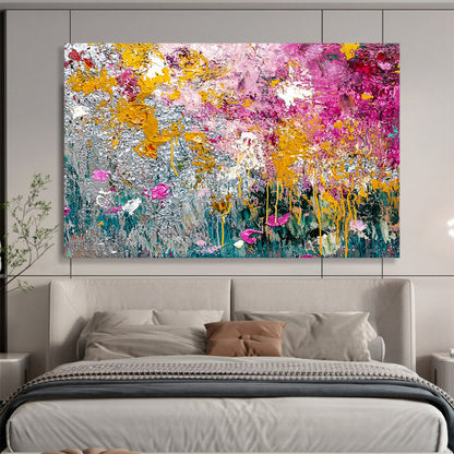 “Textured Floral Abstract” - Yellow, Pink, Silver, Green with Thick Textures - Painting On Canvas HB1379