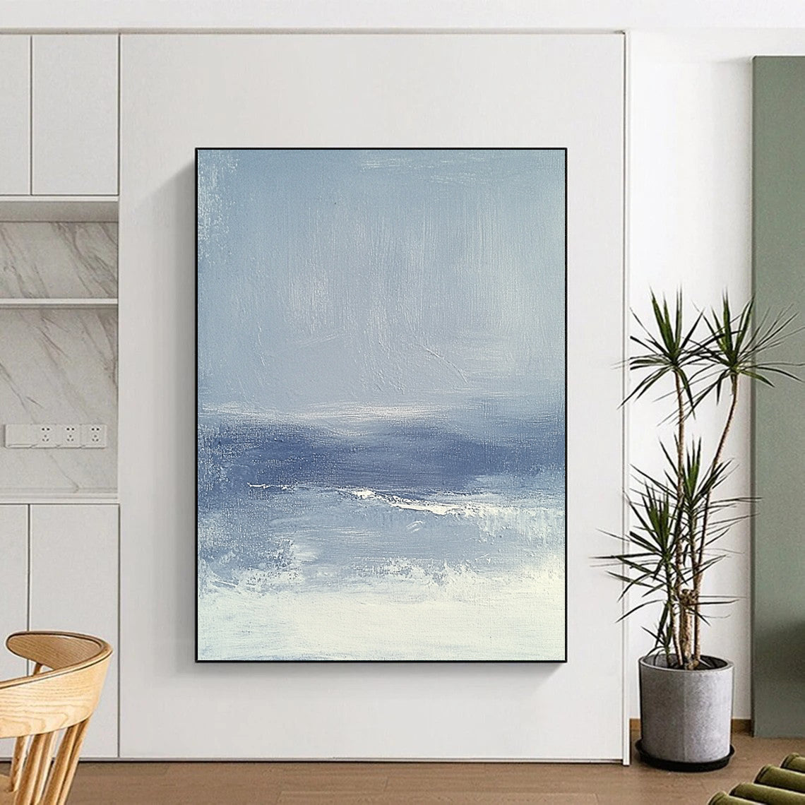 Contemporary abstract painting featuring a foggy sea in grey and blue, inspired by James Whistler's minimalist style, perfect for modern decor. DLZ0595