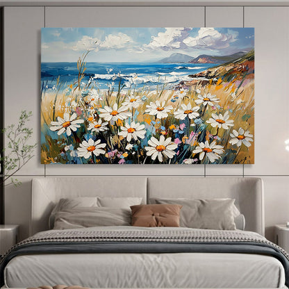 “Seaside Daisies” - Soft Whites, Yellows, Blues, Daisies by the Ocean - Impasto Oil Painting HB1747