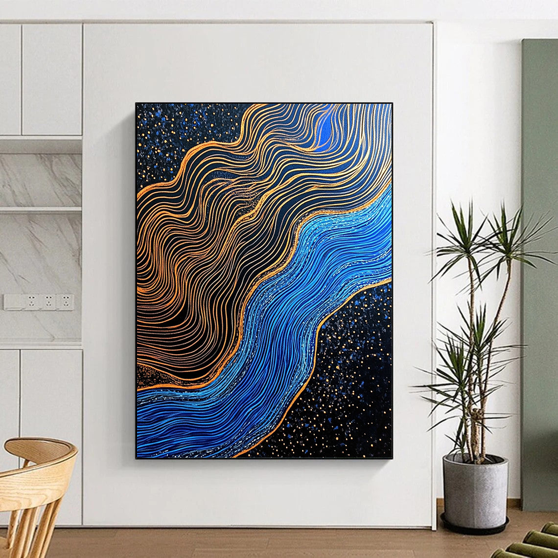 Contemporary hand-painted abstraction featuring blue and gold contrasts with gilded lines over a dark blue river in a black sand desert. DLZ1561