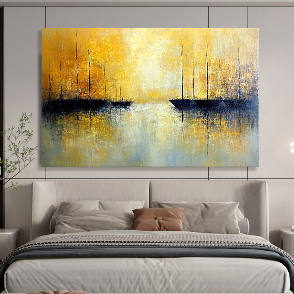 “Golden Sailboat Abstract” - Yellow, Blue, Black with Sailboat Silhouettes - Painting On Canvas HB1383