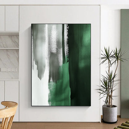 Large contemporary abstract painting featuring emerald green and gray brushstrokes with a minimalist Japandi aesthetic in a vertical format. DLZ1624