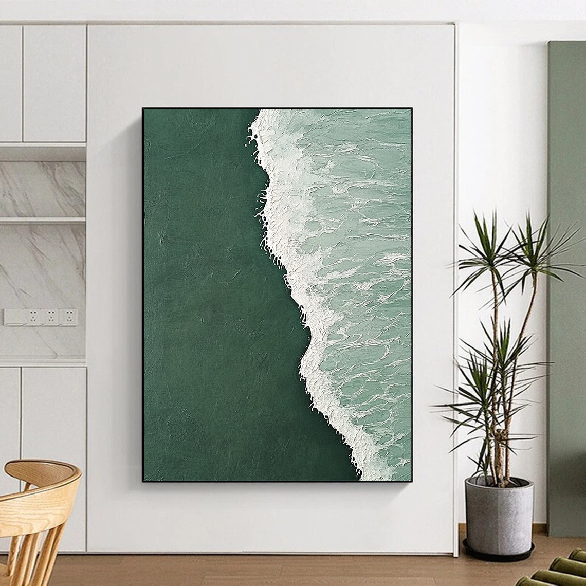 Contemporary hand-painted abstract artwork depicting a serene clash of dark green and light white ocean waves with intricate designs and a cool backdrop. DLZ1183