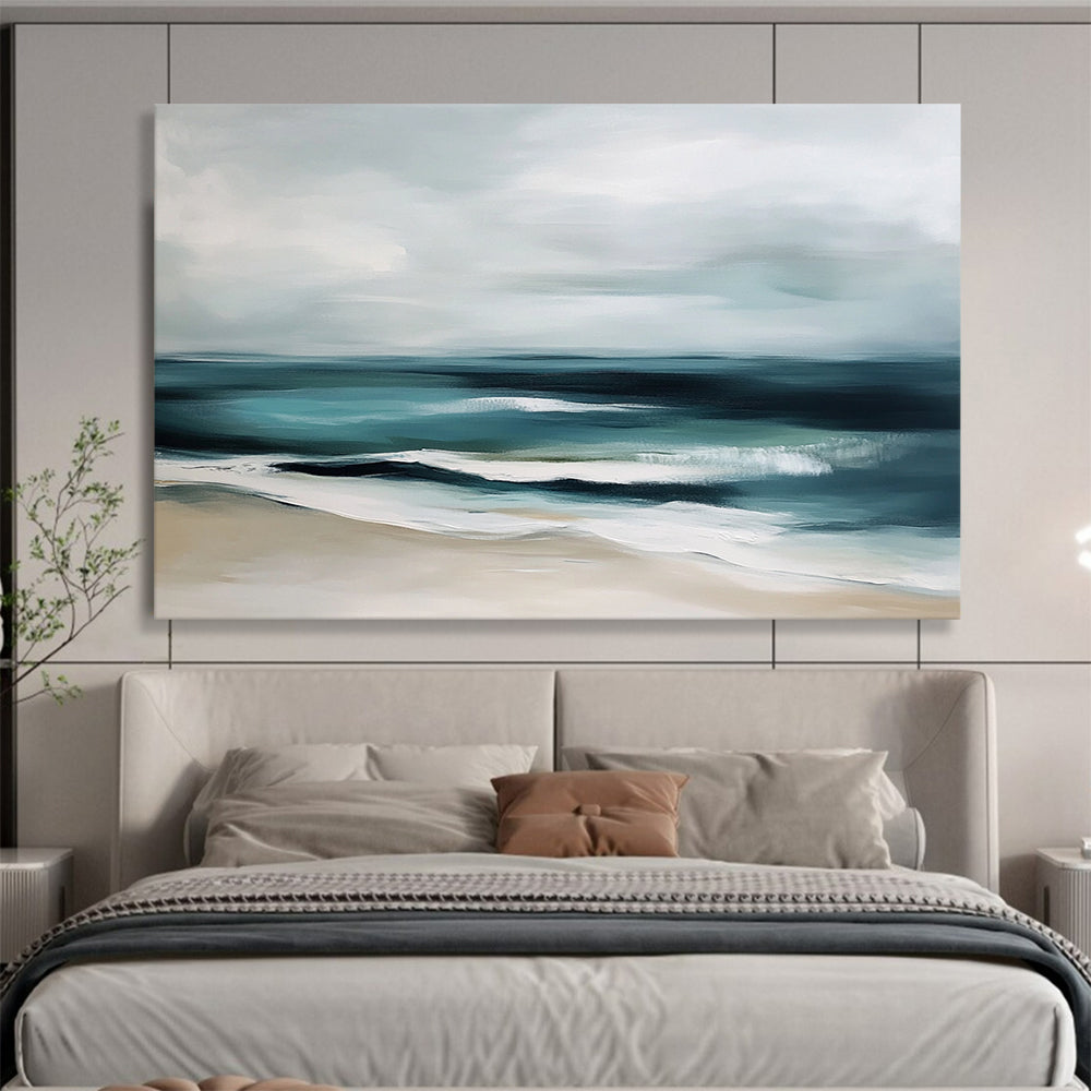 “Muted Coastal Calm” - Gray, Teal, Beige, Abstract Beach - Minimalist Oil Painting HB1507
