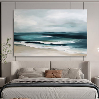 “Muted Coastal Calm” - Gray, Teal, Beige, Abstract Beach - Minimalist Oil Painting HB1507