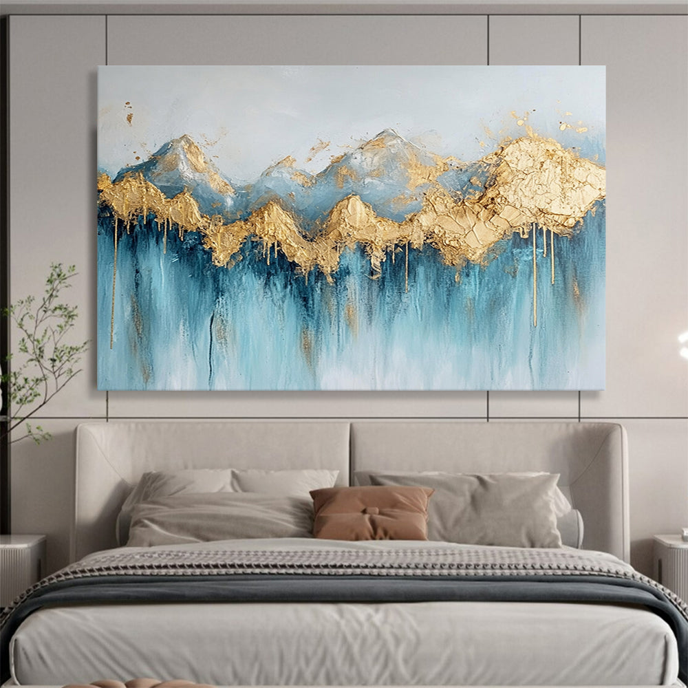“Gilded Peaks Cascade” - Blue, Gold, White, Textured Mountain & Waterfall Scenes Painting On Canvas HB1020
