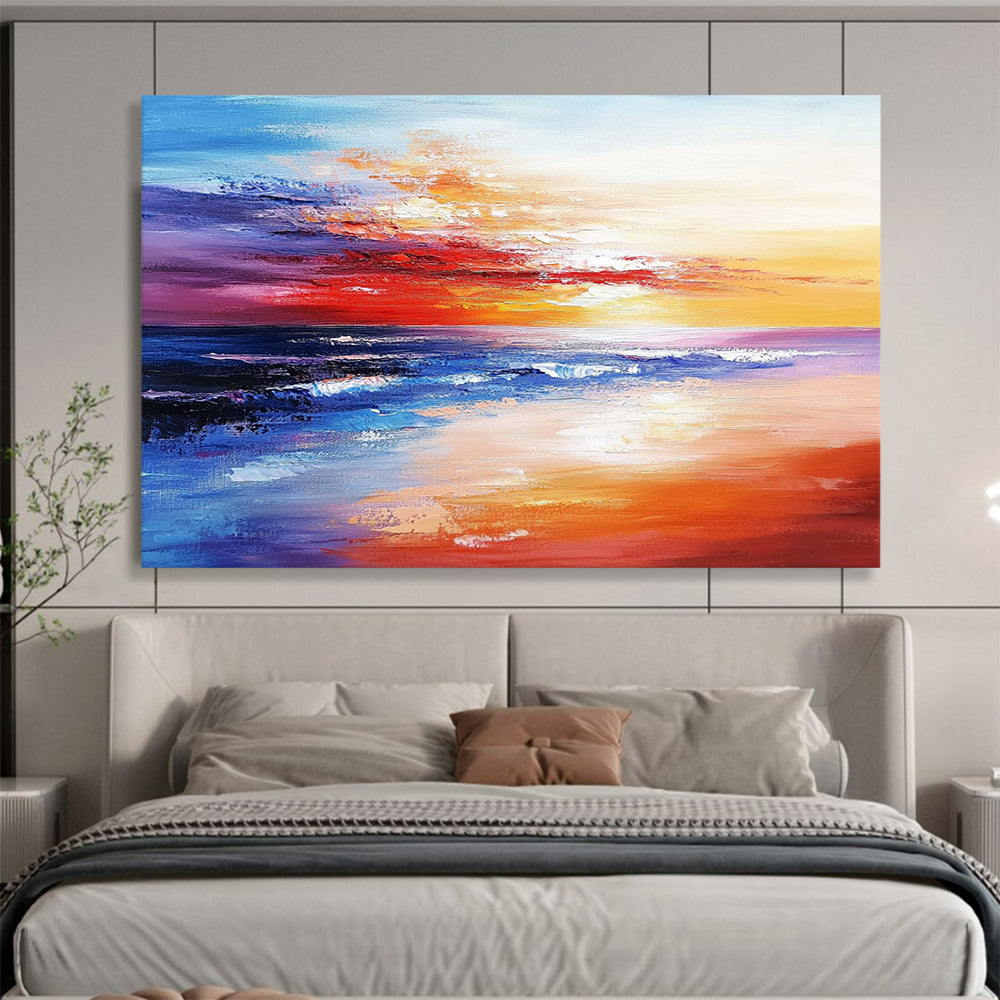 “Vibrant Coastal Sunset” - Purple, Red, Orange, Blue, Colorful Seaside Dusk Painting On Canvas HB1030
