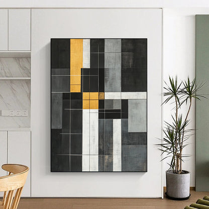 Black, White, Gold, Gray, Geometric Grid "Gilded Geometric Web" Abstract Neo - Plasticist Painting On Canvas HB163