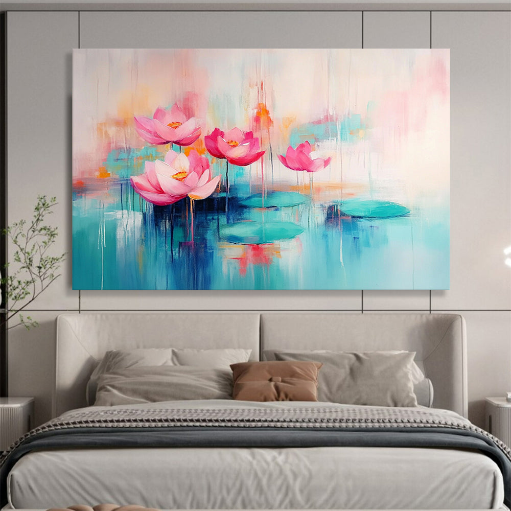 “Pastel Lotus Serenity” - Soft pinks, turquoises, oranges; Dreamy lotus flowers, pond; Impressionistic Floral Painting On Canvas HB1159