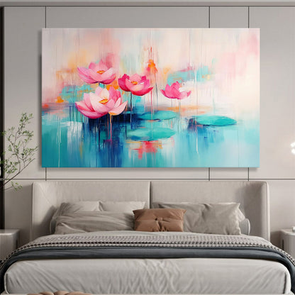 “Pastel Lotus Serenity” - Soft pinks, turquoises, oranges; Dreamy lotus flowers, pond; Impressionistic Floral Painting On Canvas HB1159