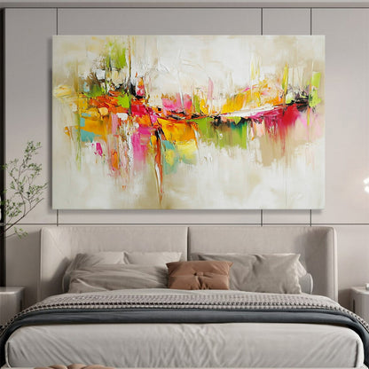 “Vibrant Abstract Cityscape” - Colorful, with hues of green, orange, pink, yellow; Abstract cityscape with thick brushstrokes; Oil Painting On Canvas HB1256