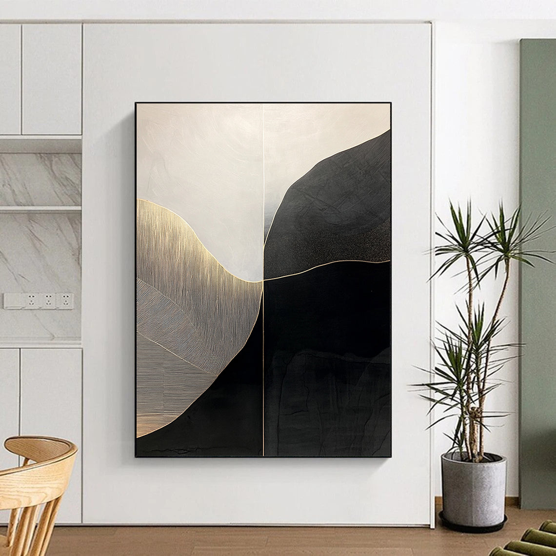 Black, White, Gold, Curved Geometry "Gilded Horizon" Abstract Modernist Painting On Canvas HB140
