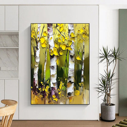 Contemporary abstract artwork featuring vibrant birch trees with thick brushstrokes, palette knife technique, and bright yellow and green foliage against striking white bark. DLZ1105