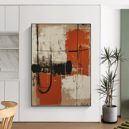 Contemporary abstract artwork featuring orange and white shapes resembling machinery silhouettes against a beige background with dark vignette and textured shading. DLZ1085