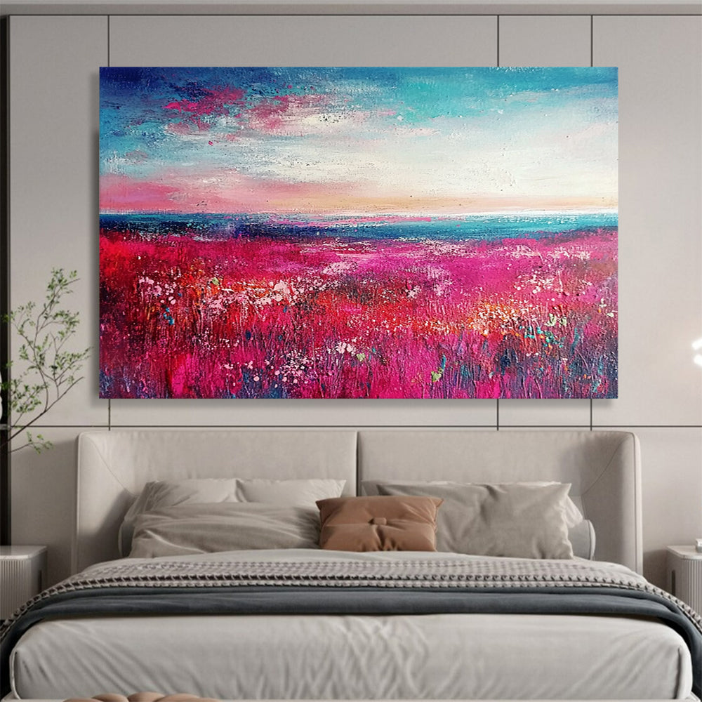 “Pink Meadow Sunset” - Pink, Blue, White, Lush Meadow and Colorful Sky Painting On Canvas HB0943