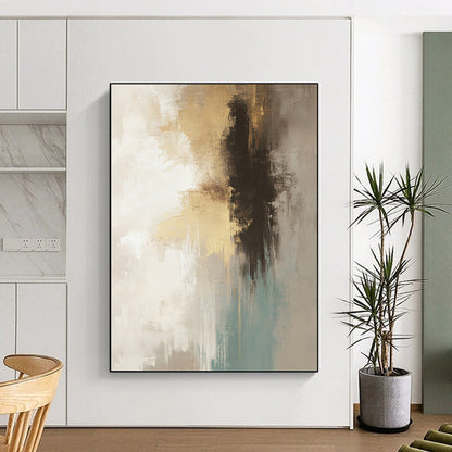 Contemporary hand-painted abstract art in neutral beige and gray tones with teal and gold accents soft brush strokes and atmospheric background. DLZ0760