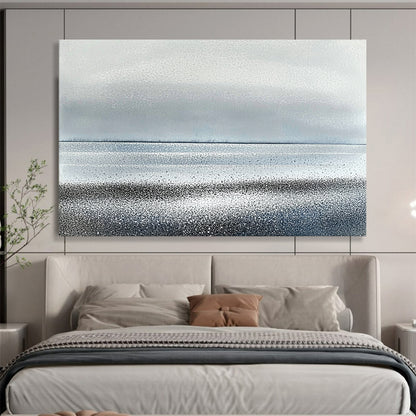 “Silver - Gray Dotted Horizon” - Silver, Gray, Dotted Coastal Lines Painting On Canvas HB0788