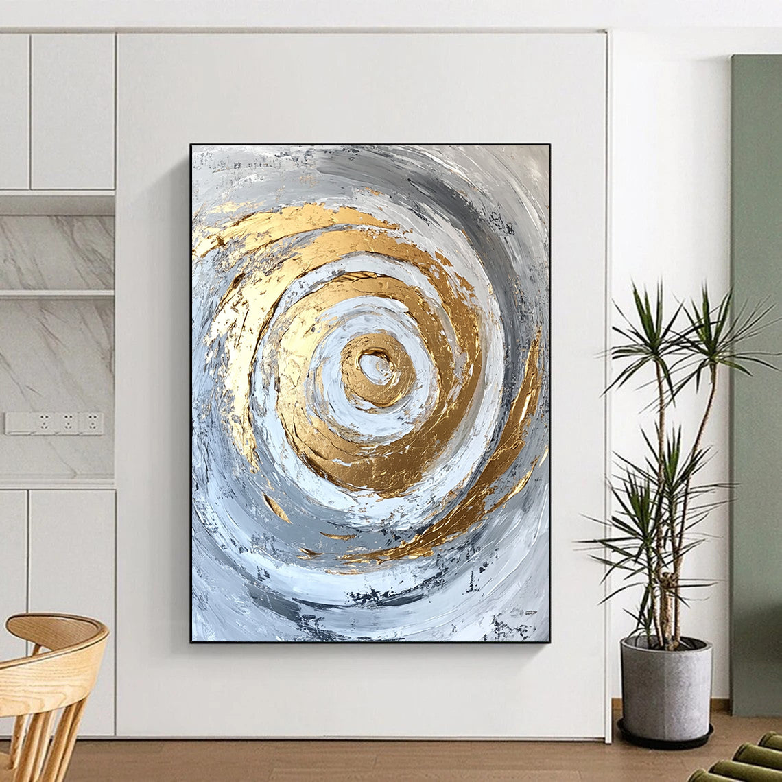 Contemporary abstract artwork features gold accents on a textured white and grey background with bold brush strokes and palette knife techniques. DLZ0808