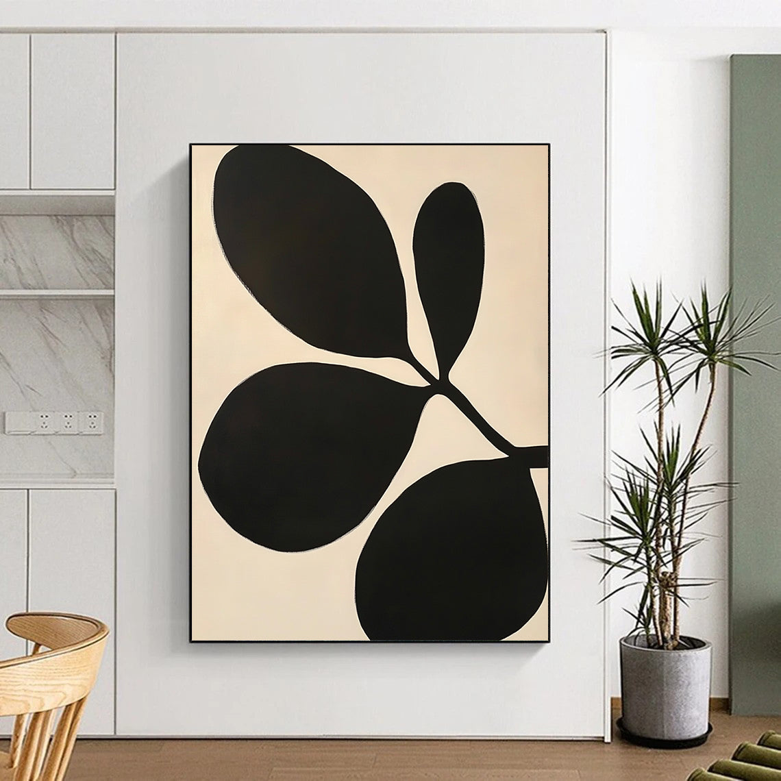 Contemporary abstract artwork featuring Matisse-inspired cutouts with bold black shapes, large leaves, minimalism, and striking negative space on a white background. DLZ1595