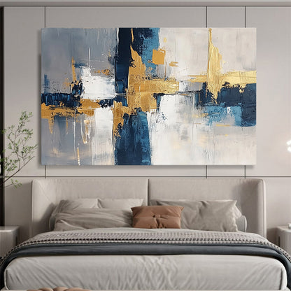 “Geometric Gold - Blue - Gray Abstract” - Gold, Blue, Gray, White, Geometric Forms Painting On Canvas HB0820