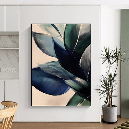 Large contemporary abstract painting featuring vibrant leaves in dark blue and green tones on a beige background with soft edges and layered forms. DLZ0625
