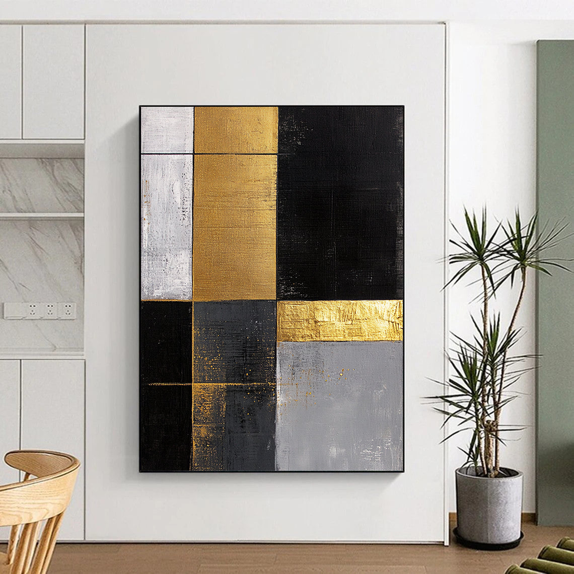 Black, White, Gold, Gray, Patchwork Squares "Gilded Mosaic Tiles" Abstract Minimalist Painting On Canvas HB162