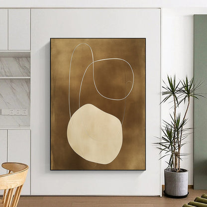 Contemporary hand-painted abstract artwork features organic shapes and connecting lines in earthy tones on a dark beige background, showcasing elegant simplicity. DLZ0861