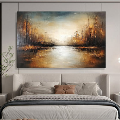 “Golden Forest Stream” - Brown, Gold, Gray, Sunlit Trees and Reflective Stream Painting On Canvas HB0929