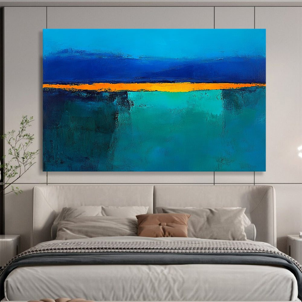 “Blue Orange Abstract Horizon” - Blue, Orange, Teal, Yellow, Horizontal Forms - Painting On Canvas HB1424
