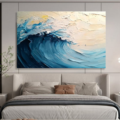 Impasto Blue Wave on Light Background - Coastal Impressionist Painting On Canvas HB0505
