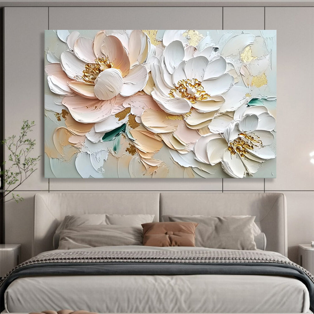 Blush and White Flowers with Gold Accents - Textured Floral Luxury Painting On Canvas HB0429