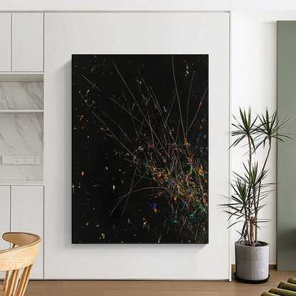 Black, Colorful Specks, Thin Lines "Starry Explosion" Abstract Painting On Canvas HB023