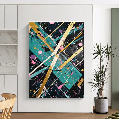 Dark Green, Gold, Pink, White, Geometric Splashes "Eclectic Fusion" Abstract Painting On Canvas HB030