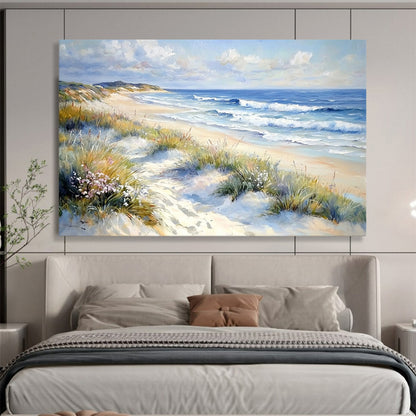 Blue, White, Yellow and Green Beach Landscape "Coastal Calm" Painting On Canvas HB0662