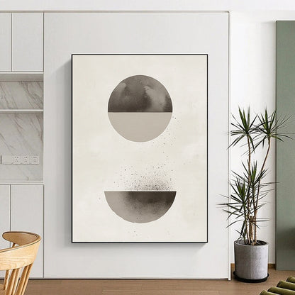 Contemporary abstract artwork features a minimalist Japandi design with muted gray and beige tones and harmonious circle and half-circle shapes. DLZ1346