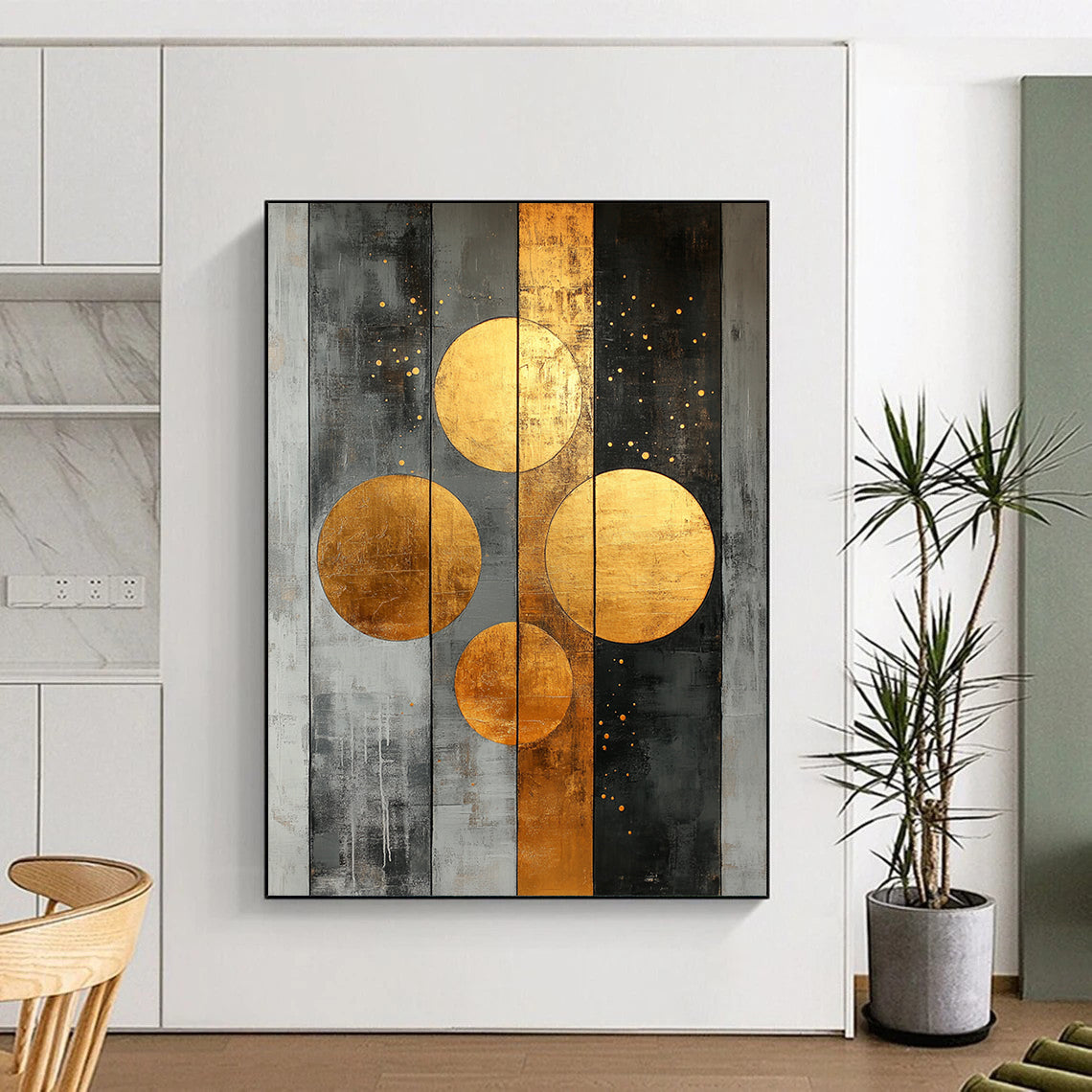 Contemporary abstract artwork features striking gold circles on a textured grey canvas adorned with dynamic stripes and dots for a bold statement. DLZ0740