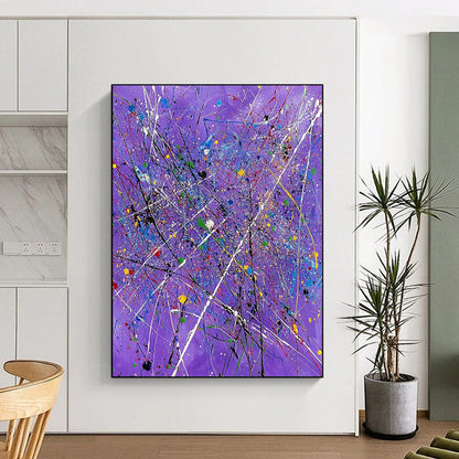 Contemporary abstract art features a vibrant purple backdrop with expressive white lines and colorful splatters, perfect for elevating any space. DLZ0720