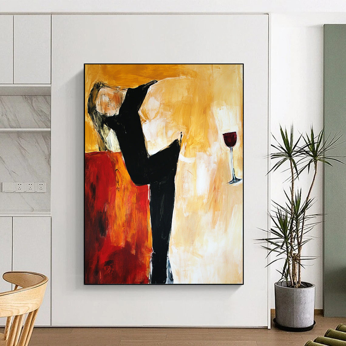Contemporary abstract artwork depicting a woman on a sofa with expressive lines and warm tones showcasing emotional depth and pensive stillness. DLZ0973