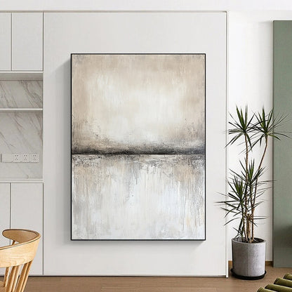 Contemporary abstract artwork features textured canvas in neutral gray and beige, with soft gradients and a central empty space showcasing subtle movement and light. DLZ0877