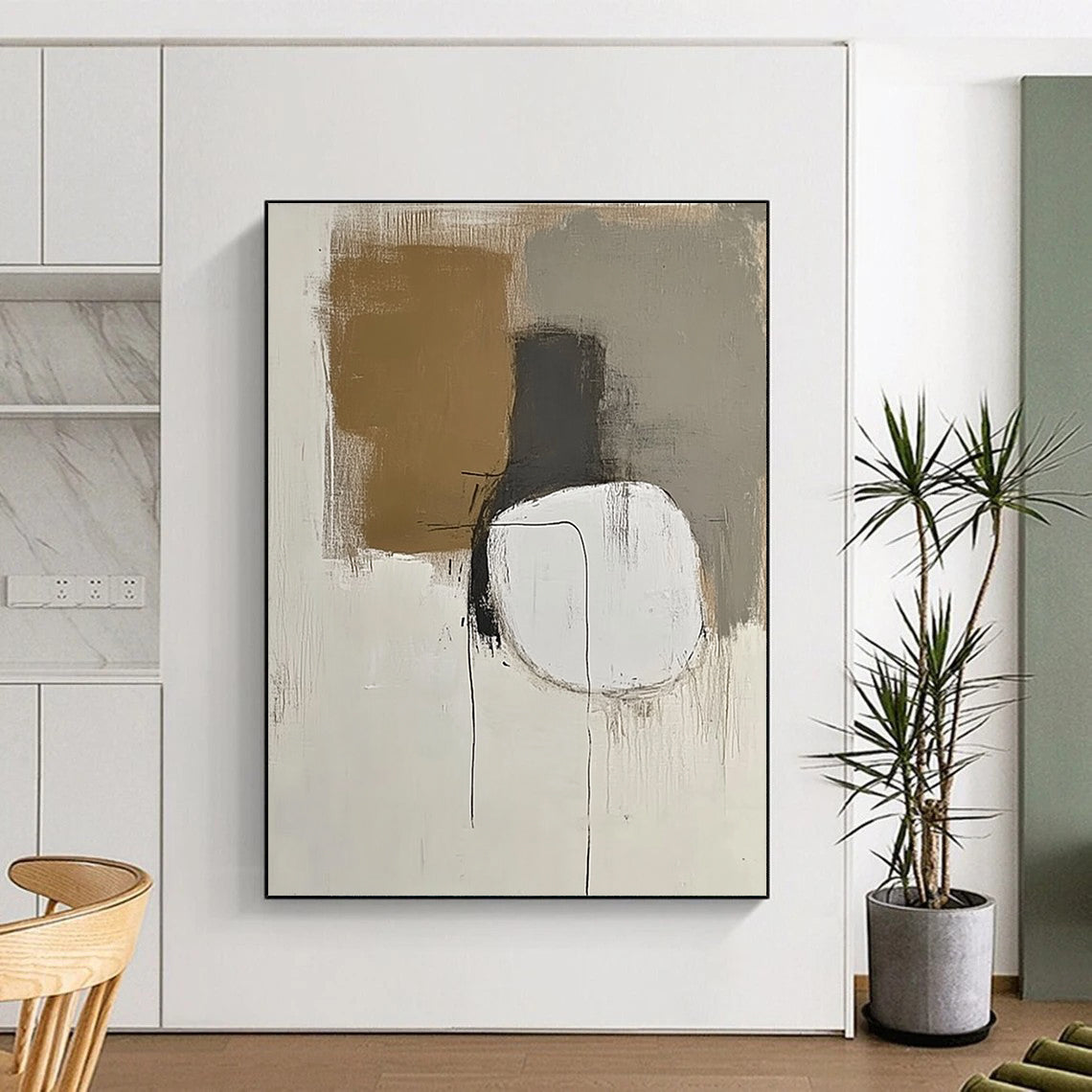 Contemporary hand-painted abstract artwork featuring minimalist design in neutral whites and grays with brown accents showcasing thin lines and simple shapes. DLZ0425