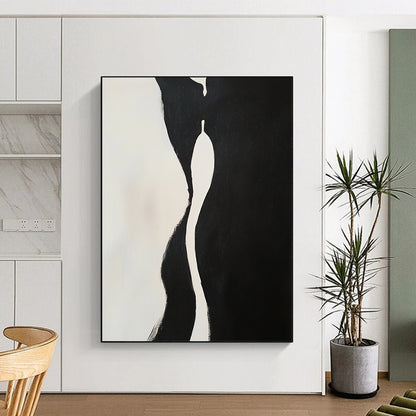 Contemporary hand-painted abstract artwork features two embracing figures with dynamic shapes and compelling negative space in a striking black and white composition. DLZ1543