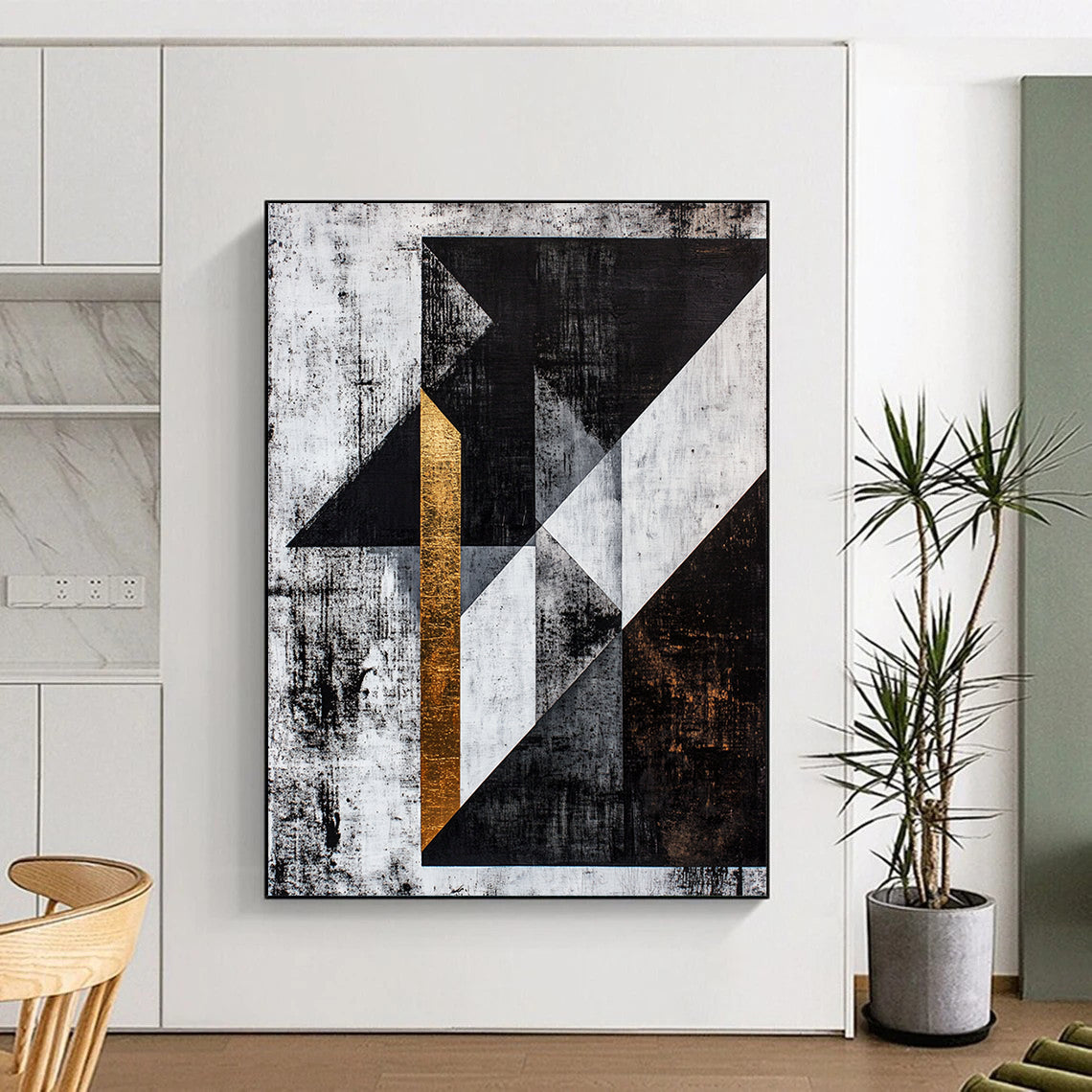 Black, White, Gray, Gold, Textured Triangles "Gilded Edges" Abstract Cubist - Inspired Painting On Canvas HB109