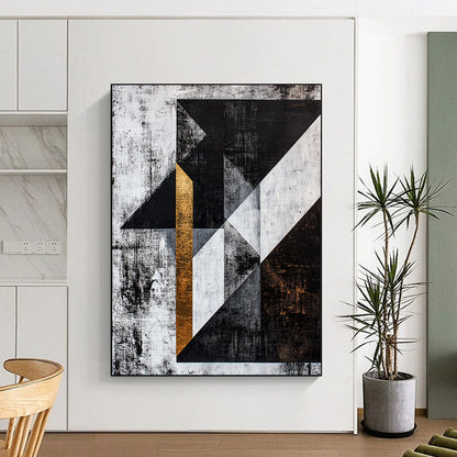 Black, White, Gray, Gold, Textured Triangles "Gilded Edges" Abstract Cubist - Inspired Painting On Canvas HB109