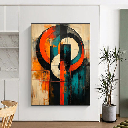 Bold contemporary abstract artwork featuring large circles and geometric lines in vibrant orange teal blue white black red and grey on canvas texture. DLZ1037