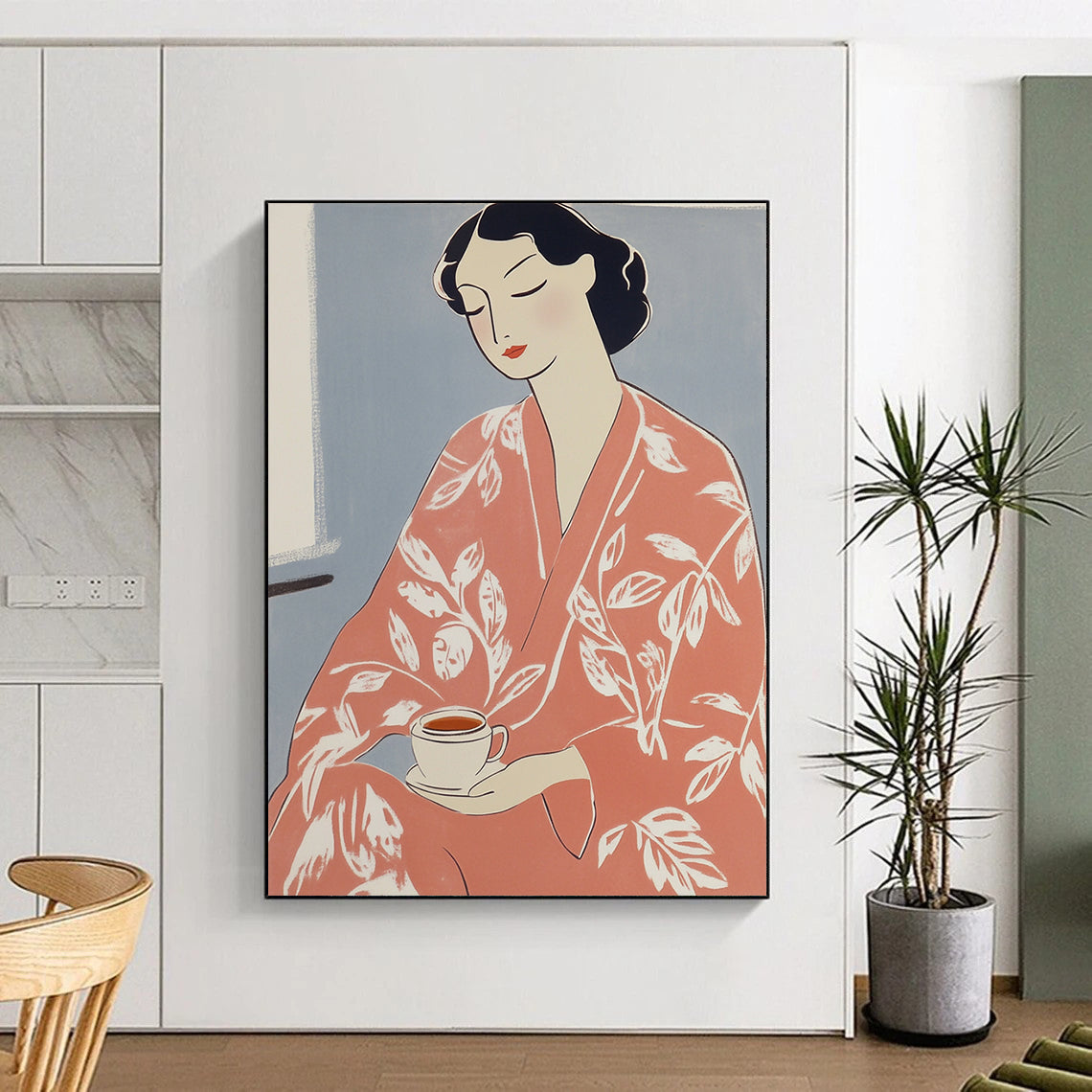 Contemporary abstract artwork features a woman in a pink kimono holding tea adorned with a white flower pattern inspired by Matisse's vibrant style. DLZ1597